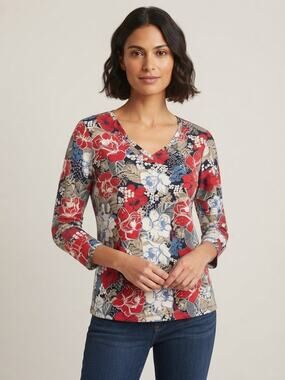 Denim & Co XS Red Navy Blue Floral V-Neck 3/4 Sleeve Stretch Jersey Knit Top
